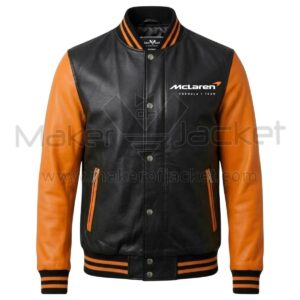 McLaren F1 Black Orange Bomber Leather Jacket Front