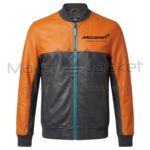 McLaren F1 Black Orange Two Tone Leather Bomber Jacket Front