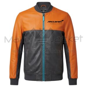 McLaren F1 Black Orange Two Tone Leather Bomber Jacket Front