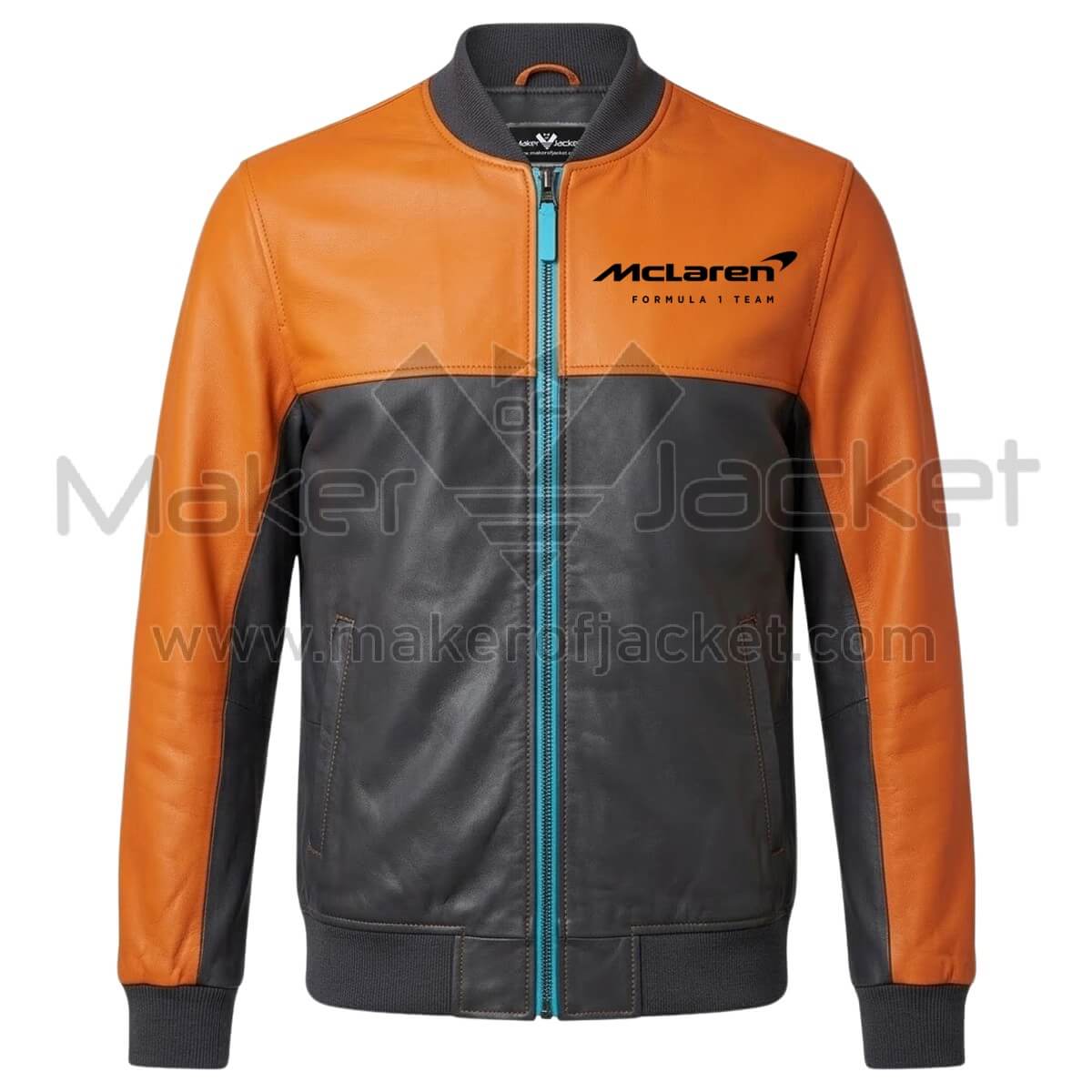 McLaren F1 Black Orange Two Tone Leather Bomber Jacket Front McLaren F1 Black Orange Two Tone Leather Bomber Jacket Front