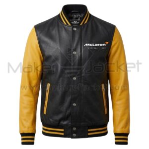McLaren F1 Black Yellow Bomber Leather Jacket Front