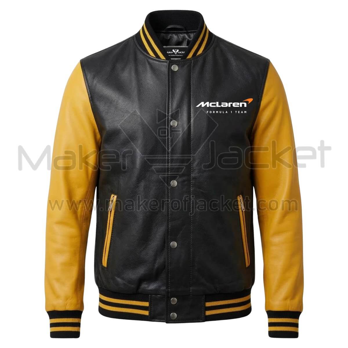 McLaren F1 Black Yellow Bomber Leather Jacket Front McLaren F1 Black Yellow Bomber Leather Jacket Front