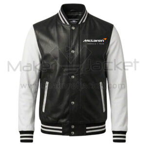 McLaren F1 Formula Black White Bomber Leather Jacket Front