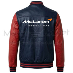 McLaren F1 Navy Blue Red Bomber Leather Jacket Back