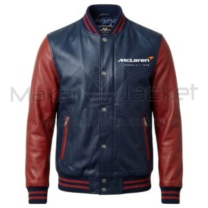 McLaren F1 Navy Blue Red Bomber Leather Jacket Front