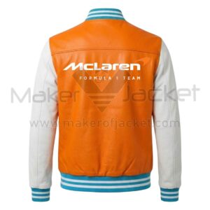 McLaren F1 Papaya Orange White Bomber Leather Jacket Back