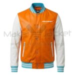 McLaren F1 Papaya Orange White Bomber Leather Jacket Front