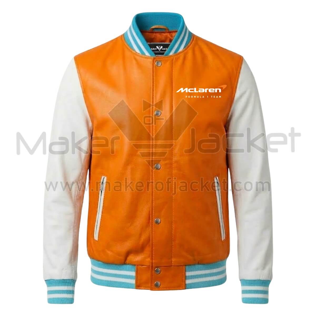 McLaren F1 Papaya Orange White Bomber Leather Jacket Front McLaren F1 Papaya Orange White Bomber Leather Jacket Front