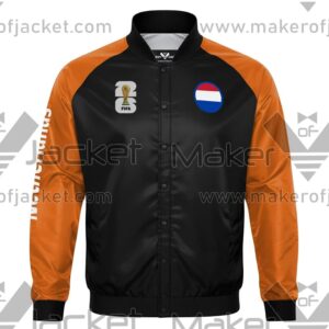 Netherlands FIFA World Cup 2026 Full Snap Satin Jacket front view with Netherlands and FIFA 26 logos.