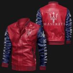 Red Blue Maserati Bomber Leather Jacket showing front view with ribbed collar, cuffs, waistband, YKK zipper, and Maserati logos on chest, arms, and back.