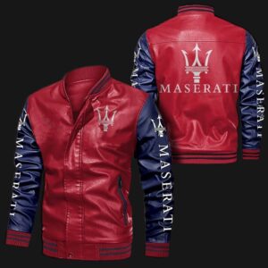 Red Blue Maserati Bomber Leather Jacket showing front view with ribbed collar, cuffs, waistband, YKK zipper, and Maserati logos on chest, arms, and back.