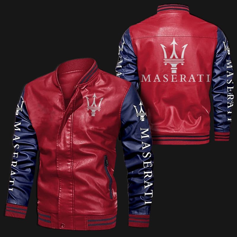 Red-Blue-Maserati-Bomber-Leather-Jacket-1 Red Blue Maserati Bomber Leather Jacket showing front view with ribbed collar, cuffs, waistband, YKK zipper, and Maserati logos on chest, arms, and back.