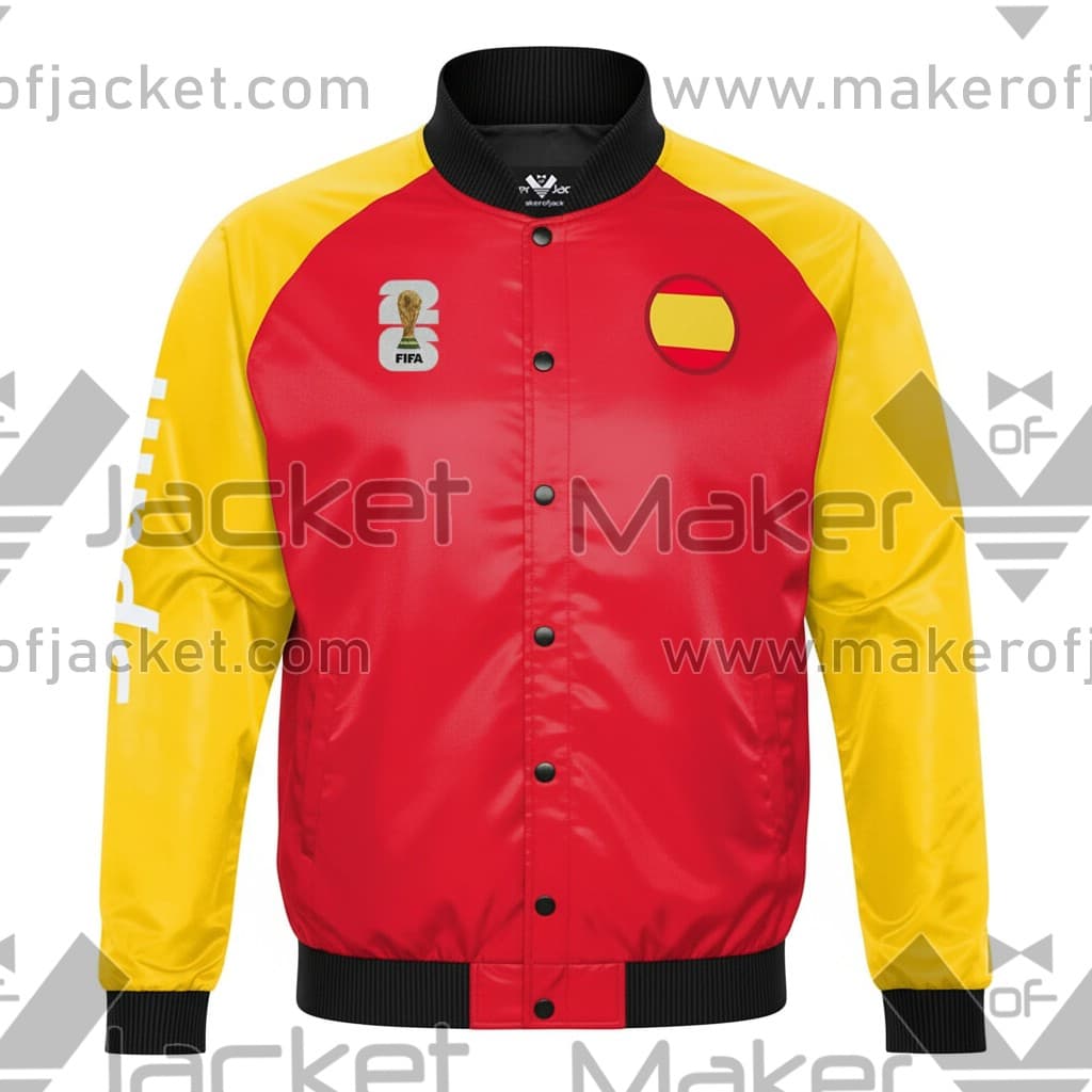 Spain-FIFA-World-Cup-2026-Full-Snap-Satin-Jacket-1 Spain FIFA World Cup 2026 Full Snap Satin Jacket front view with spain and FIFA 26 logos.