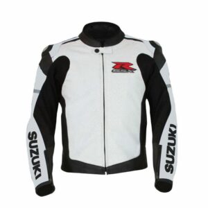 Suzuki GSXR Motorcycle White Black Leather Jacket front view with GSXR logo on chest and Suzuki logos on sleeves