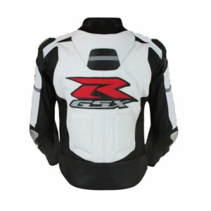 Suzuki GSXR Motorcycle White Black Leather Jacket back view with GSXR logo and removable CE-approved protectors on shoulders and back