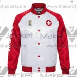 Switzerland FIFA World Cup 2026 Full Snap Satin Jacket front view with Switzerland and FIFA 26 logos.