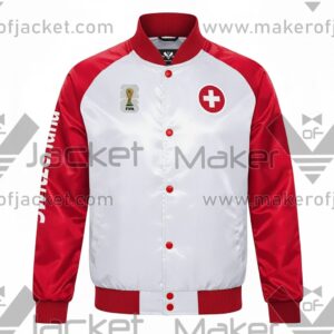 Switzerland FIFA World Cup 2026 Full Snap Satin Jacket front view with Switzerland and FIFA 26 logos.
