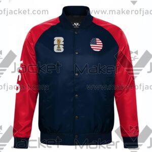 USA FIFA World Cup 2026 Full Snap Satin Jacket front view with usa and FIFA 26 logos.