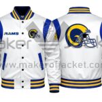 White and Blue Los Angeles Rams satin varsity jacket with front RAMS text, helmet logo chest, striped rib-knit collar, and large helmet logo on back view