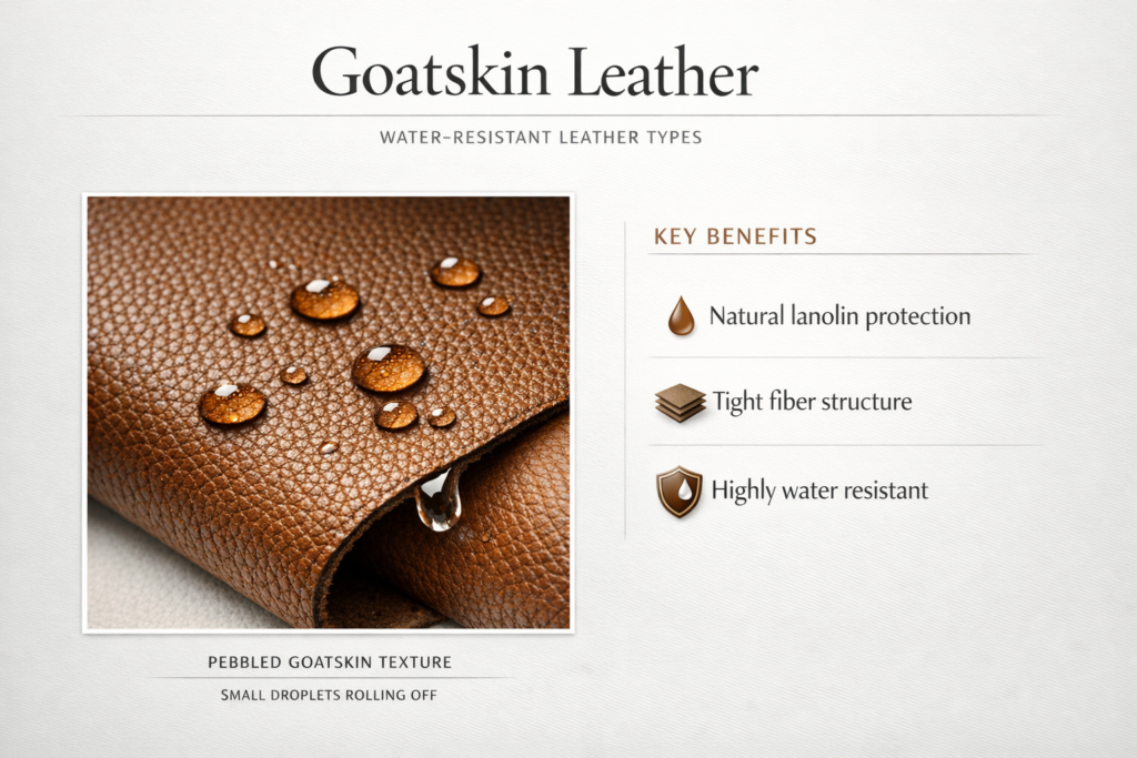Water-resistant pebbled goatskin leather details