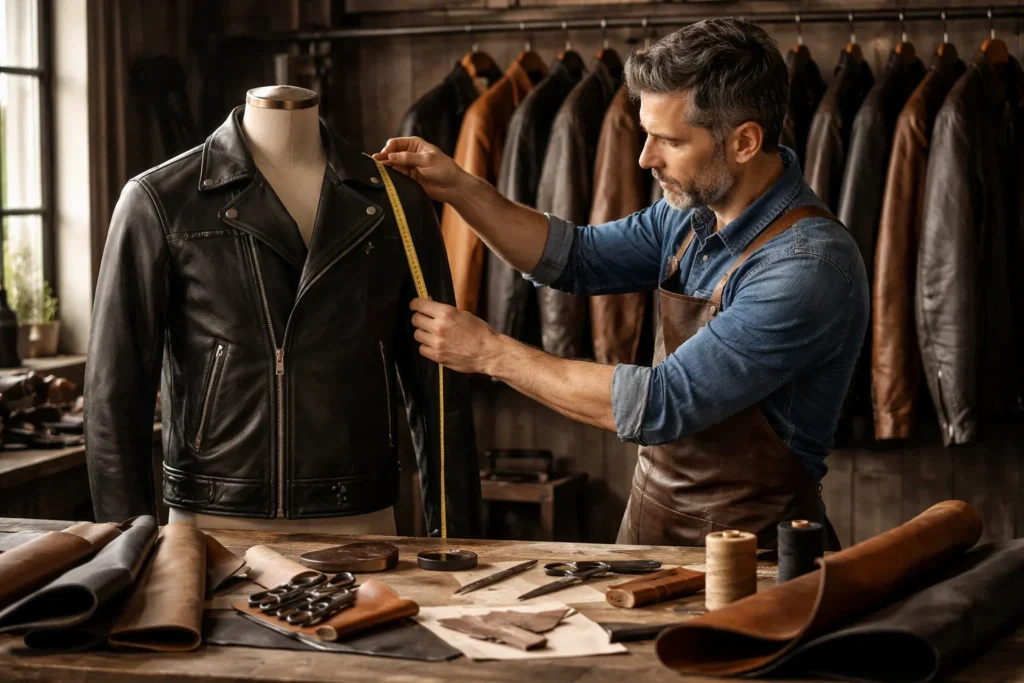 Tailor measuring custom leather jacket on mannequin in workshop