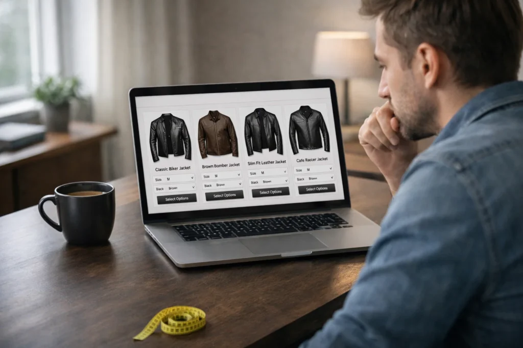 Man browsing leather jackets online on laptop before ordering