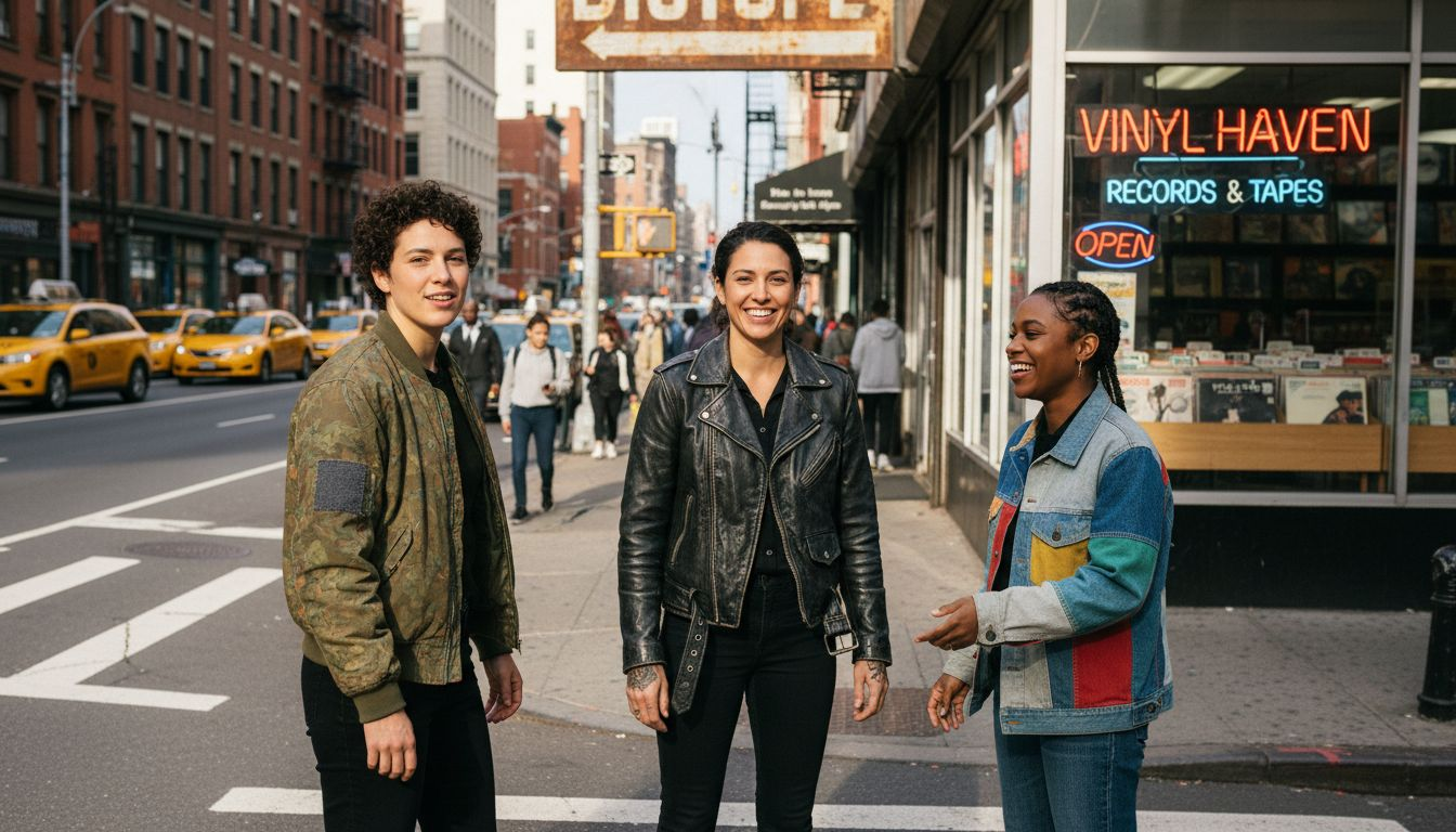 Three people in eco-friendly jackets on urban street