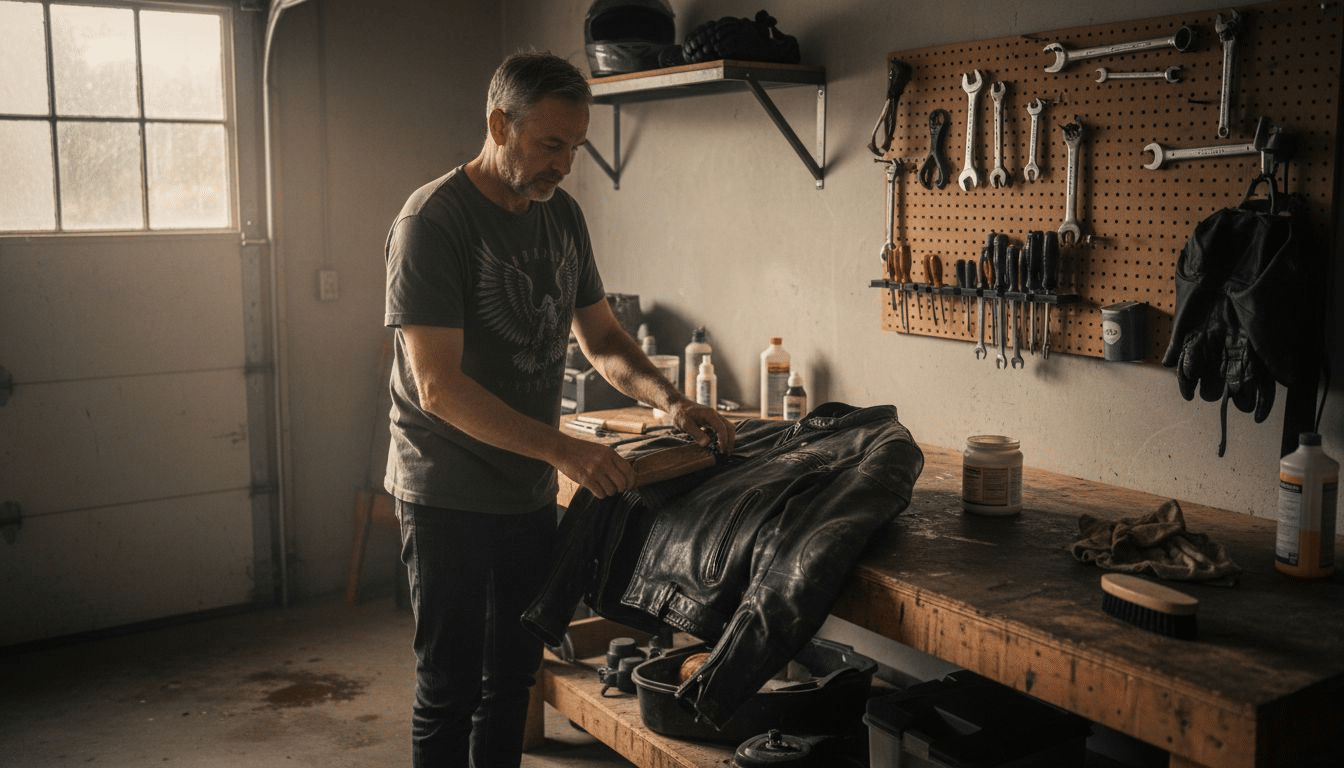 Man cleaning leather motorcycle jacket in garage