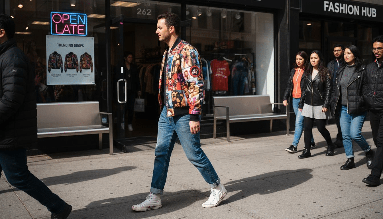 Young man in celebrity-themed jacket on city sidewalk