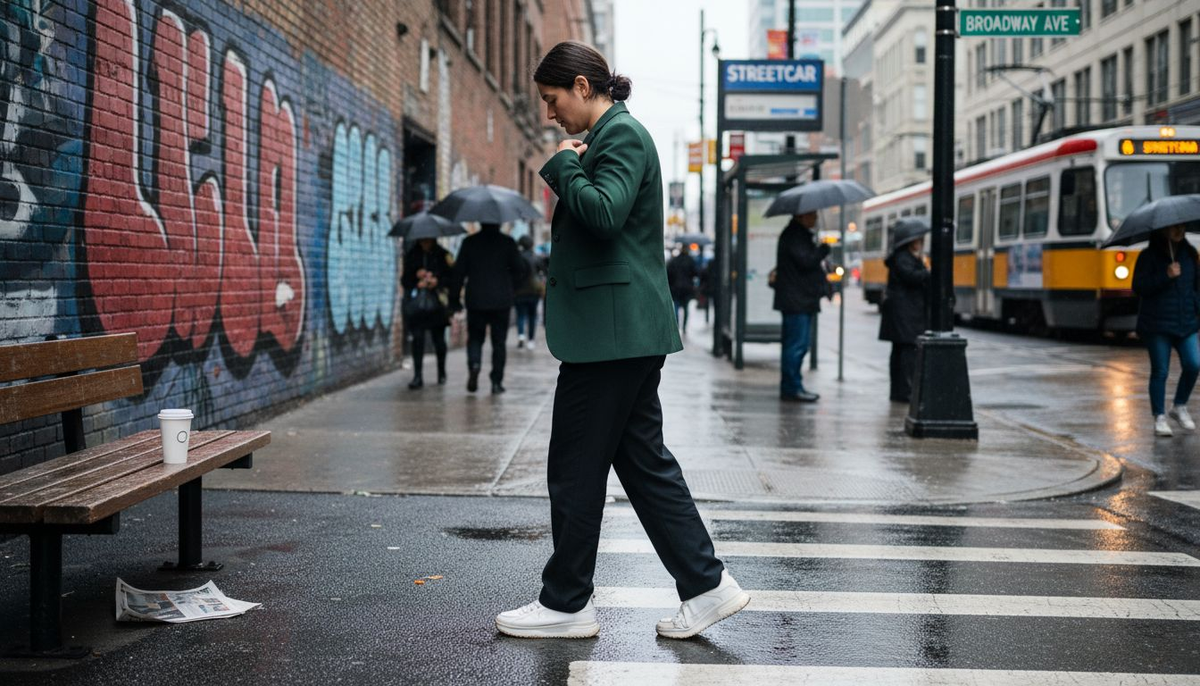 Person in green jacket on city crosswalk scene
