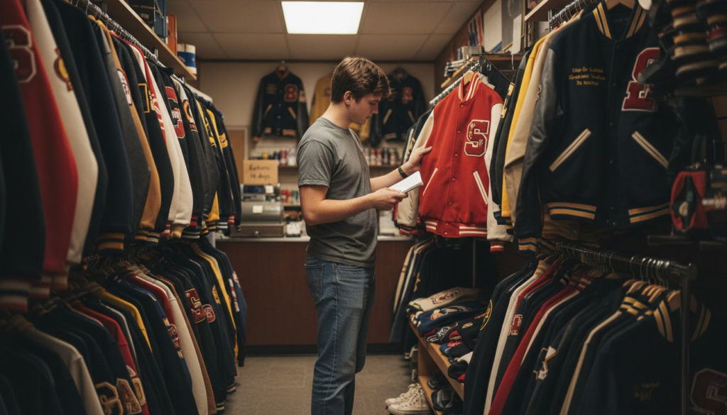 Shopper examines varsity jacket in store