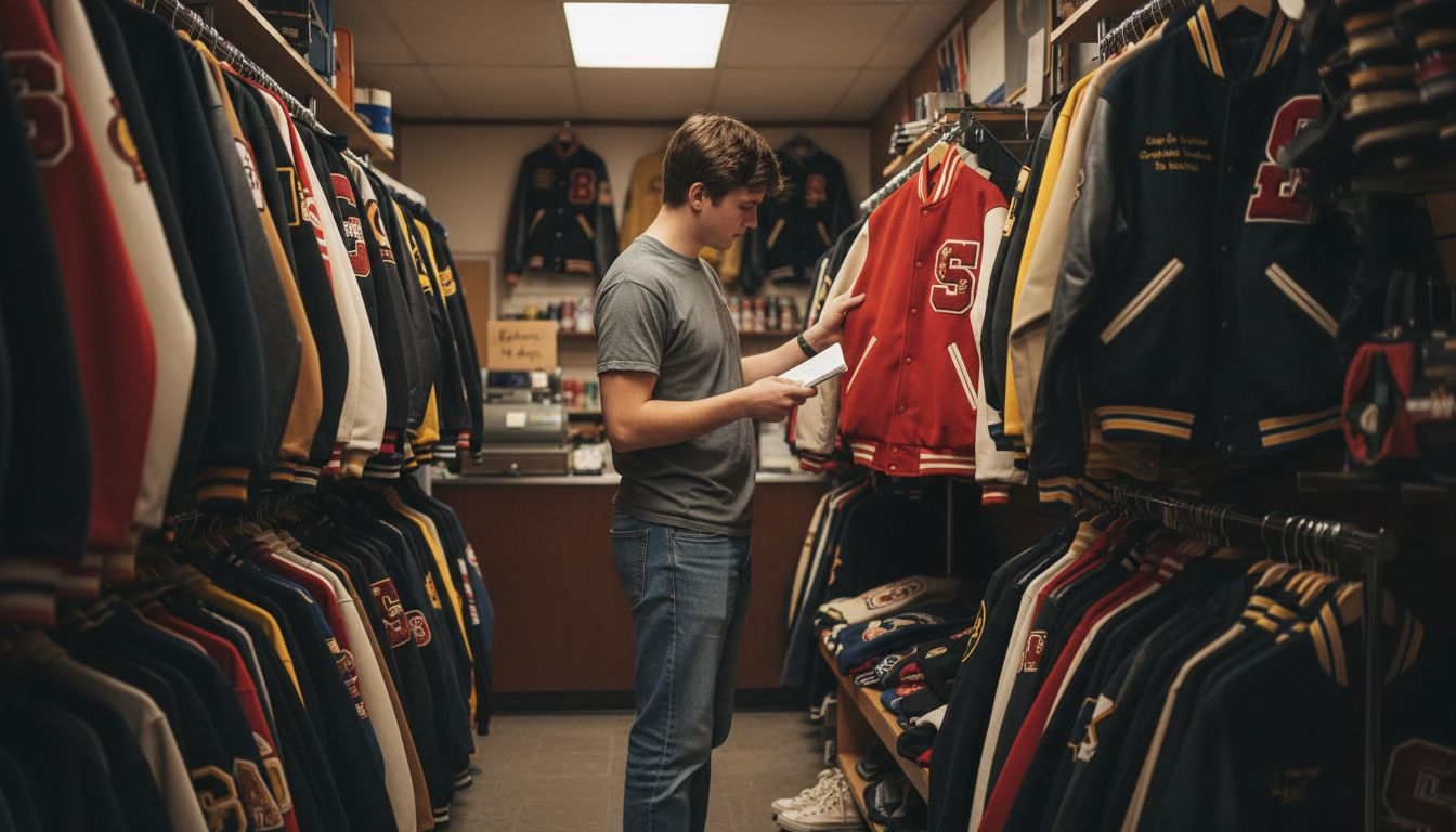 Shopper examines varsity jacket in store