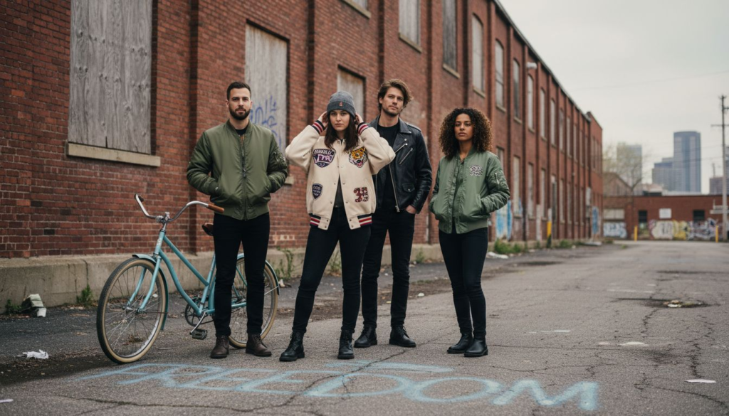 Four people in varied bomber jackets on city street