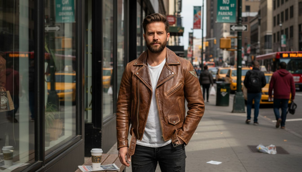 Man in vintage brown leather jacket downtown