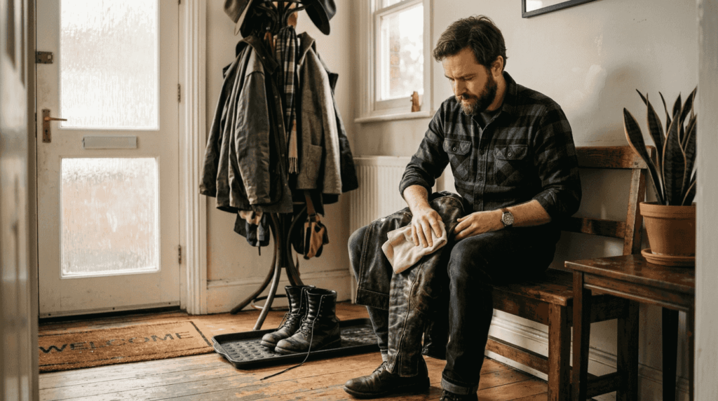 Man cleaning leather jacket in hallway