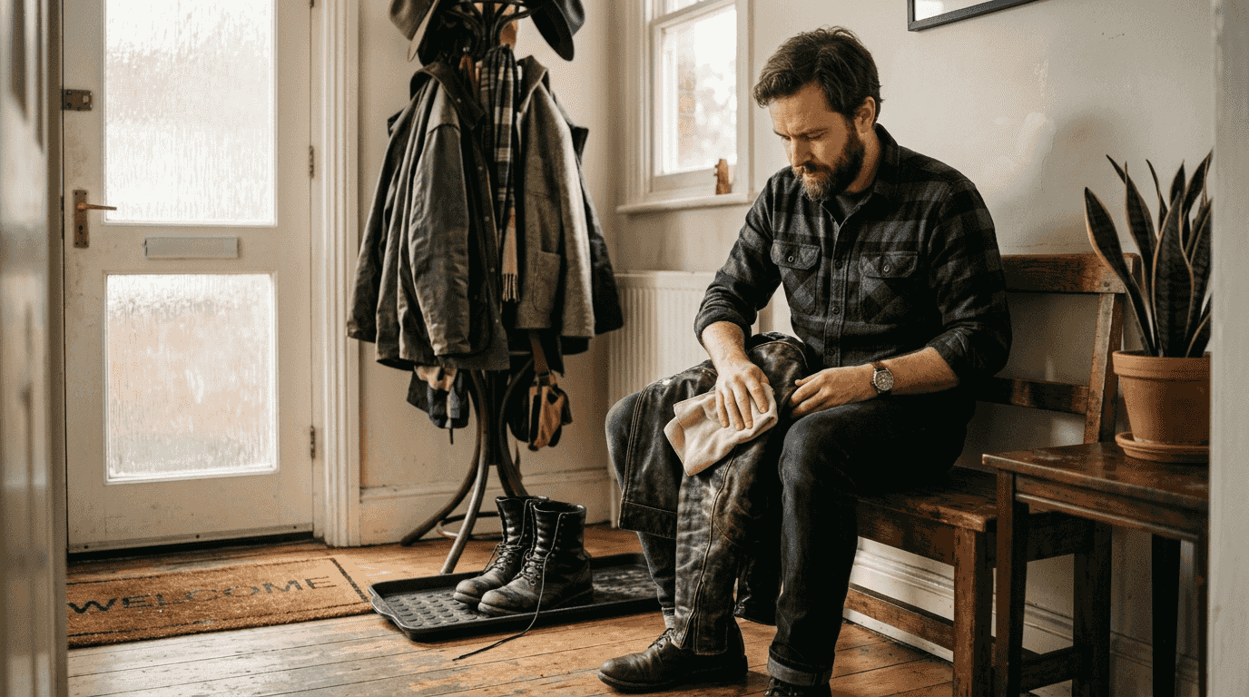Man cleaning leather jacket in hallway