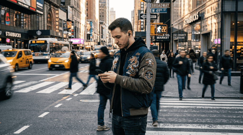 Man in city wearing limited edition jacket