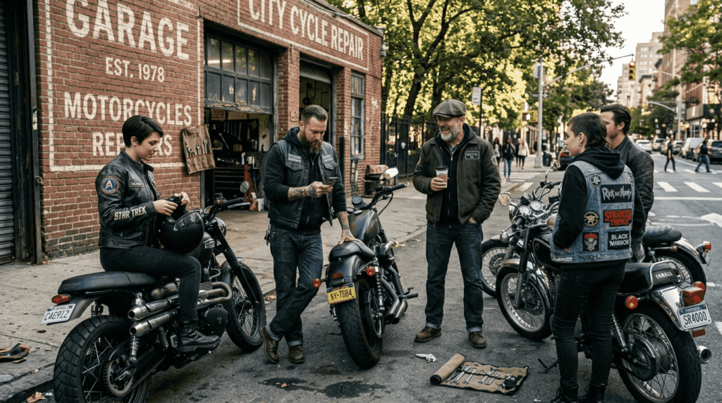 Riders in trending motorcycle jackets outside city garage