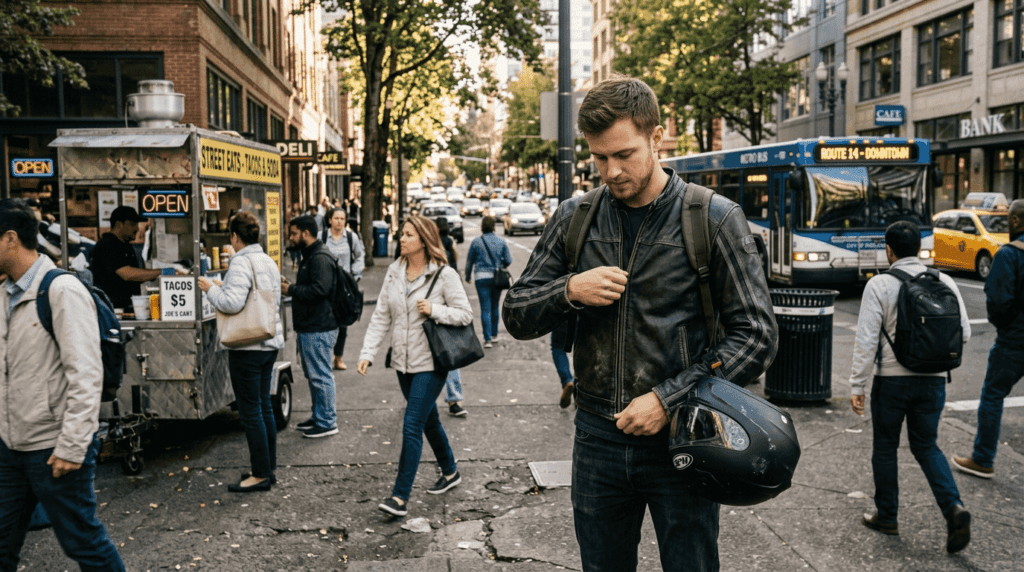 Man adjusts stylish leather jacket on city street