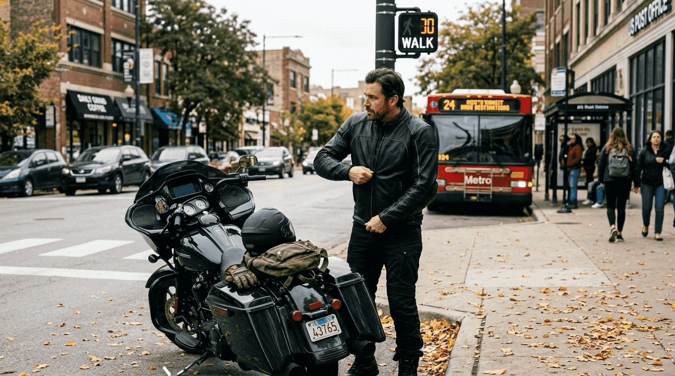 Motorcyclist zipping seasonal jacket on autumn city street