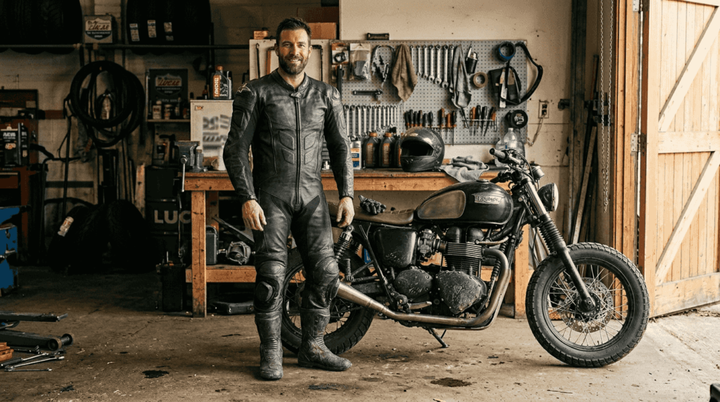 Motorcyclist wearing custom suit in garage