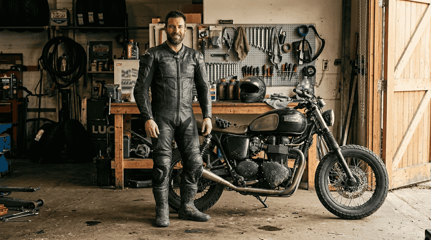 Motorcyclist wearing custom suit in garage