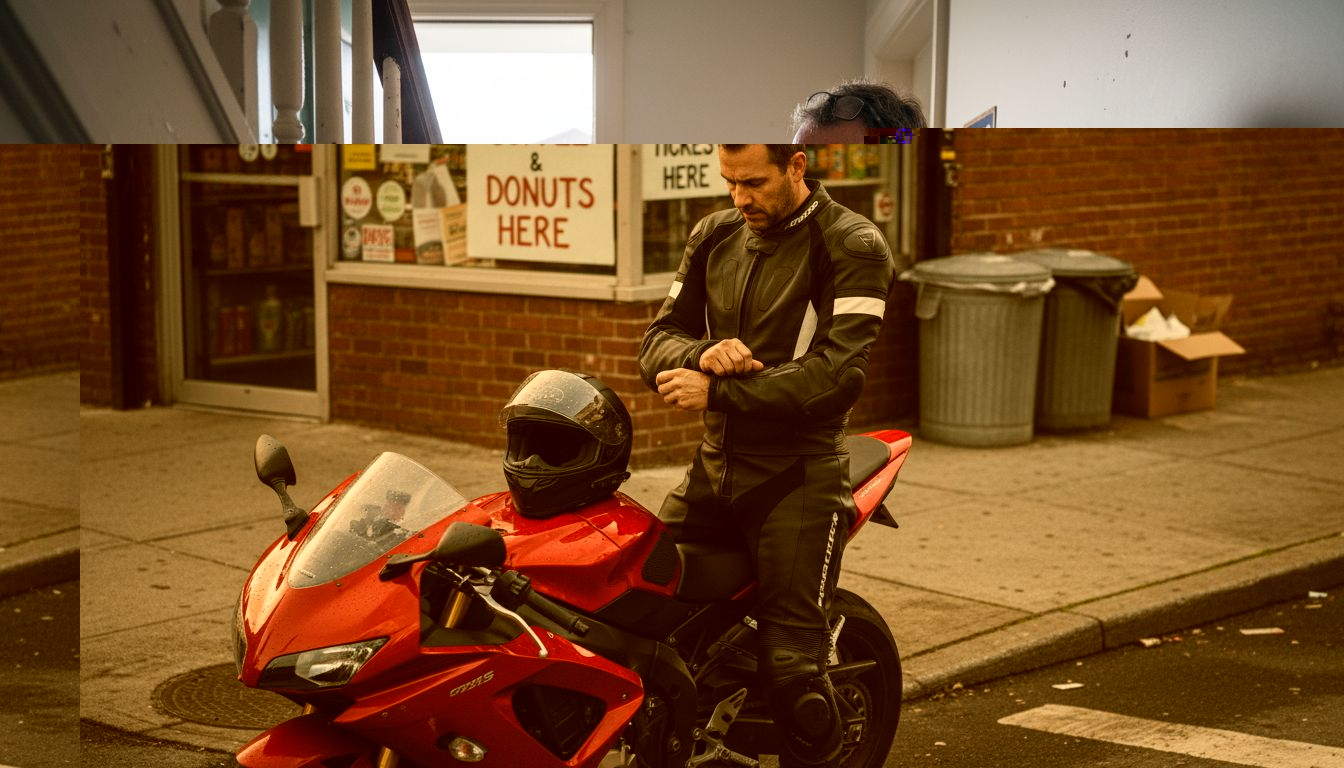 Motorcyclist adjusting suit by street curb