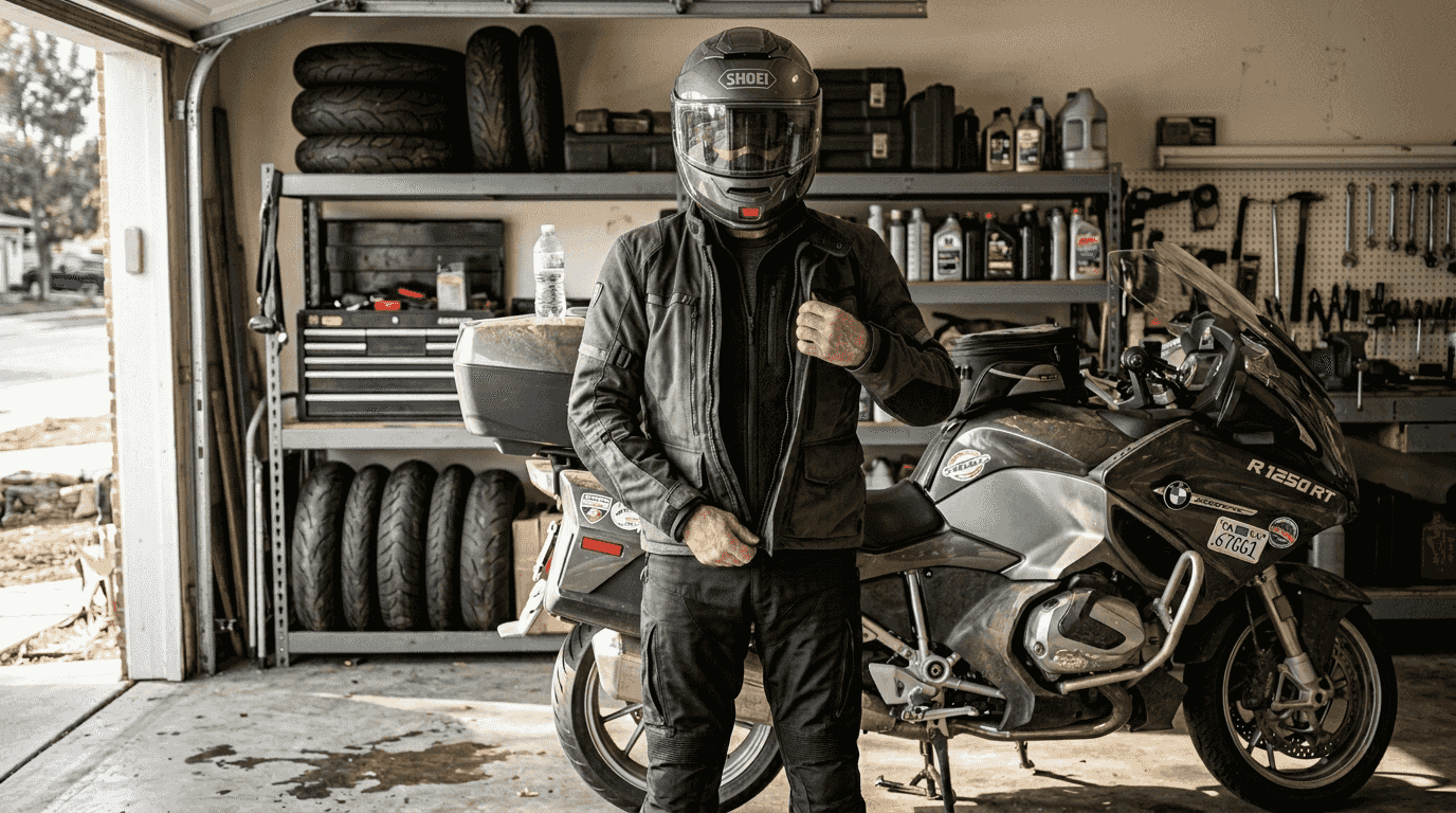 Motorcyclist showing three-layer apparel system