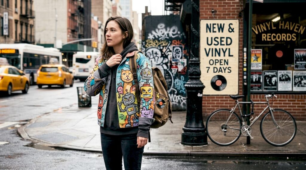 Woman wearing colorful cartoon jacket downtown