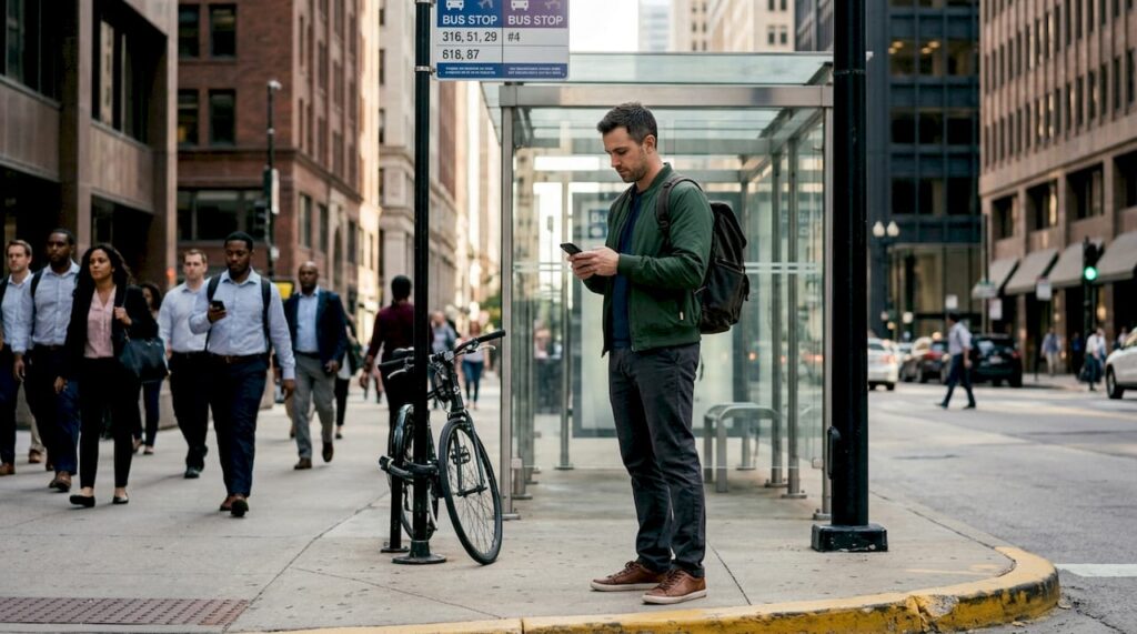 Man wearing green jacket at busy street corner