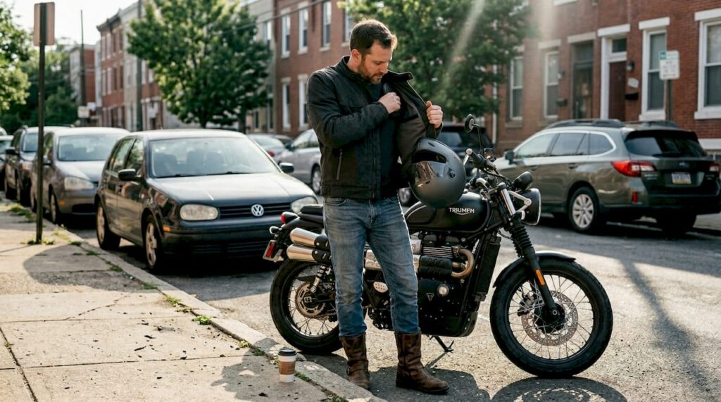 Motorcyclist adjusting armor in safety jacket