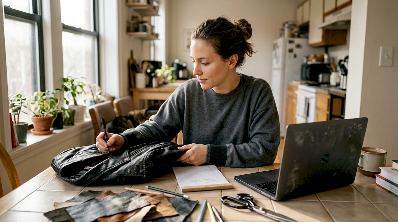 Woman planning leather jacket customization at kitchen table