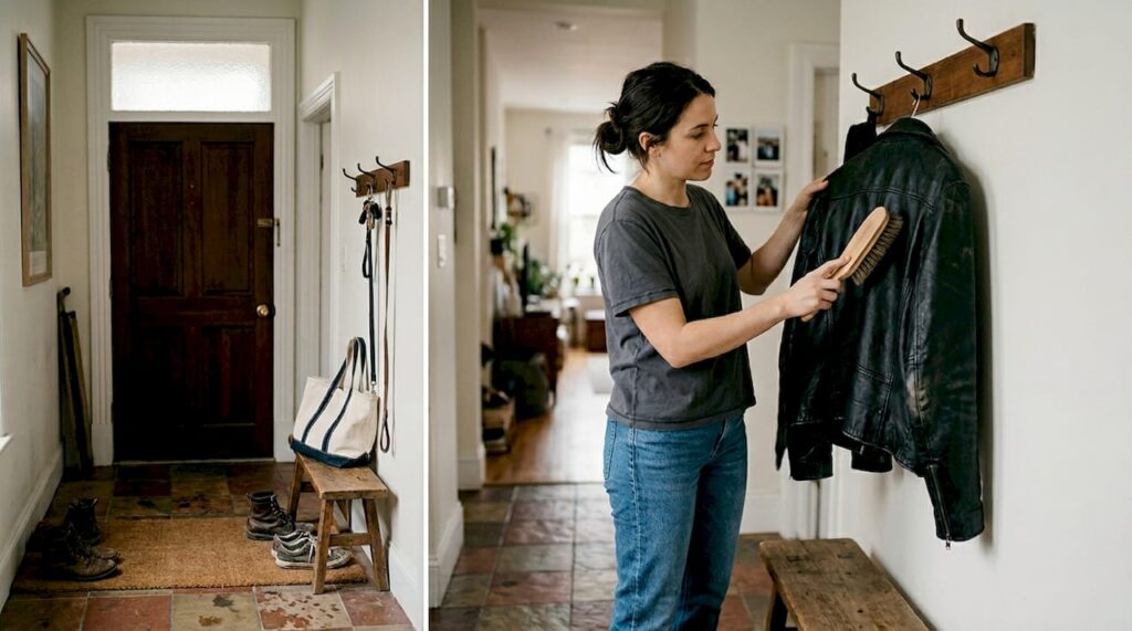 Woman brushing leather jacket in entryway