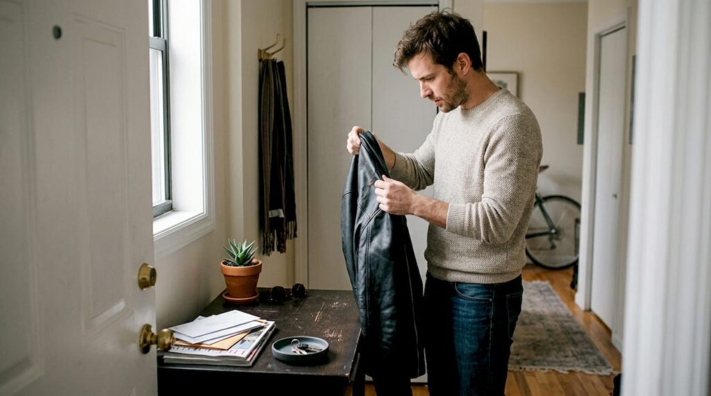 Man inspecting leather jacket by entryway table